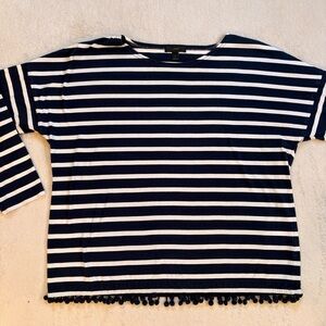J. Crew Navy & White Striped Nautical Pom-Hem Tee Sz L